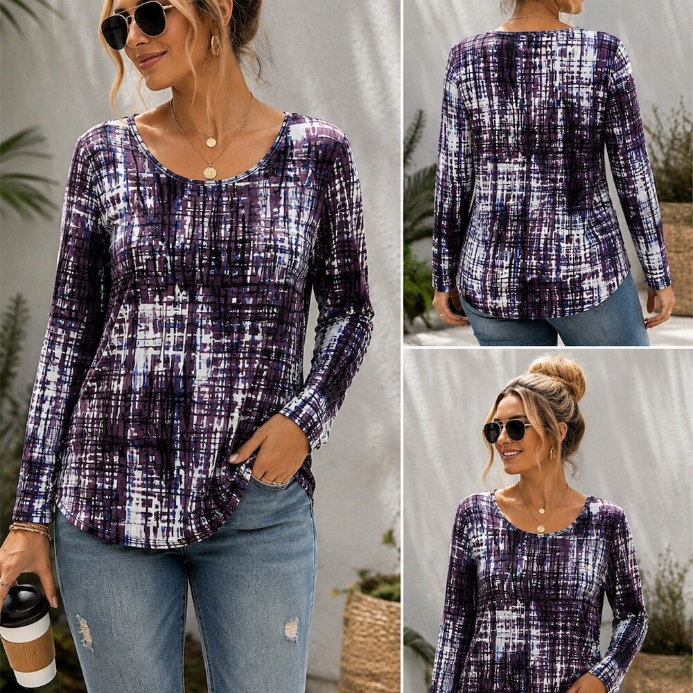 Daisy Fuentes Tunic Top Womens L Purple Geometric Print Long Sleeve